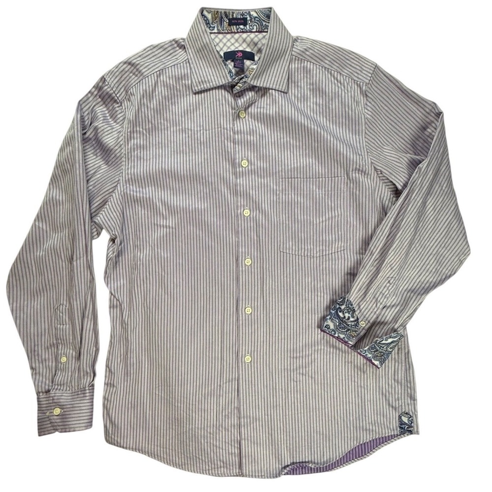 Egara Mens Non Iron Dress Shirt Purple White Stripe Paisley Trim 16.5 L 170087